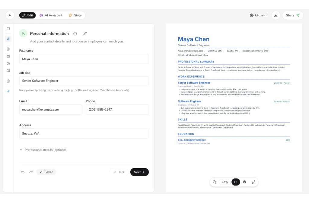Bespree resume builder showing the editor and a live preview of a completed software engineer resume